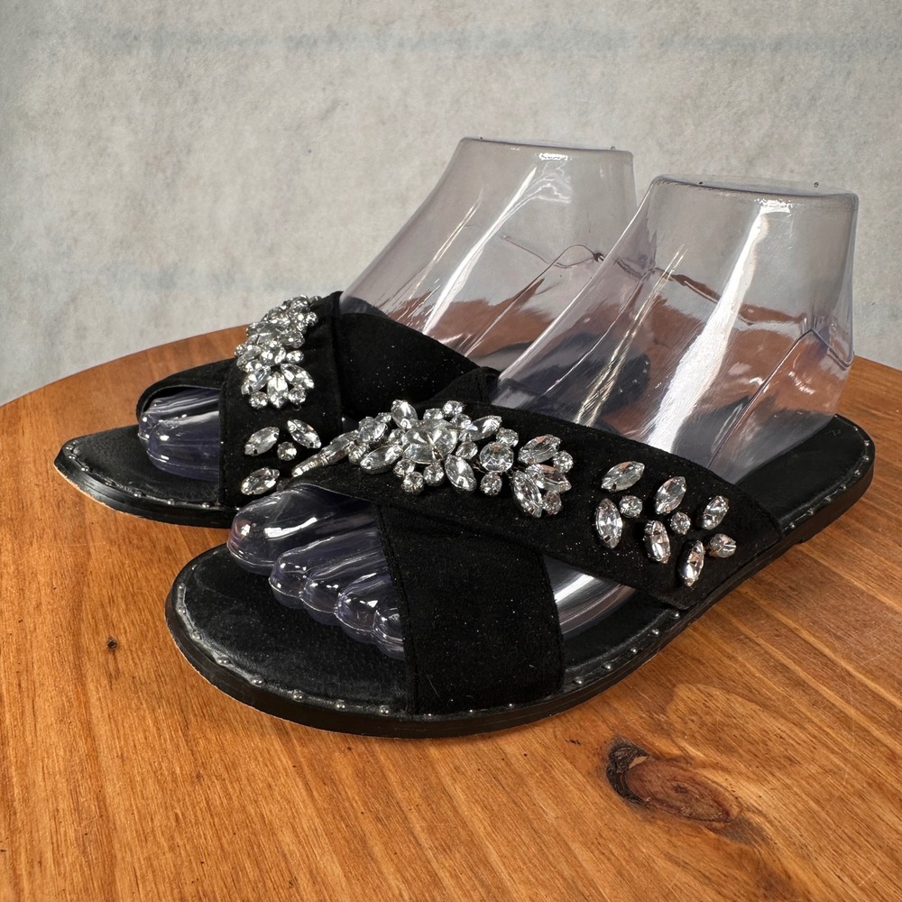 Adrienne Vittadini Slide Sandals Womens 6M Black Good Crystal Embellished